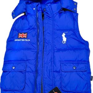 Polo by Ralph Lauren Inspired Blue Hooded Puffer Vest Ski Great Britain